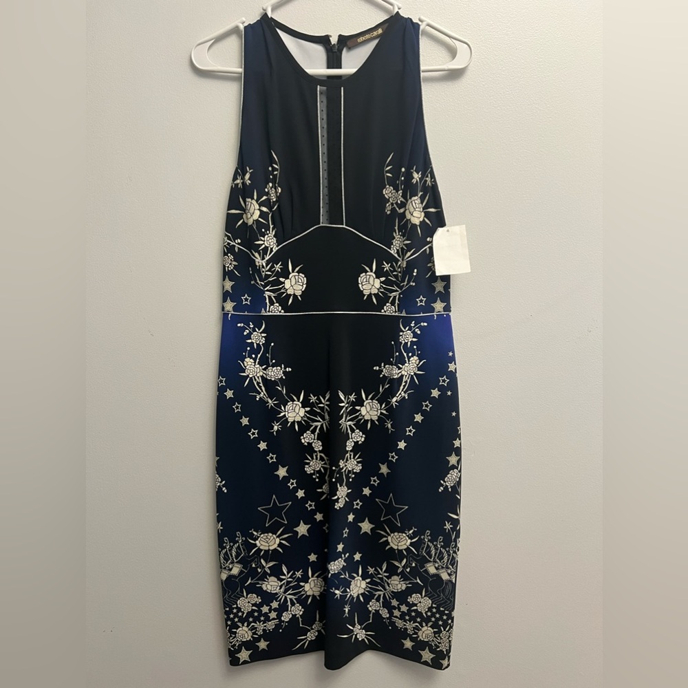 2016 Roberto Cavalli Floral Star Print Blue Notte Dress 44 US 12 - Picture 2 of 5